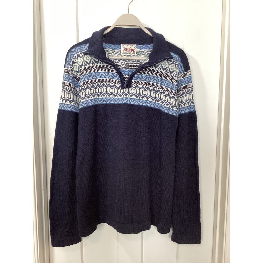 The Alpaca Connection Leavenworth Fair Isle Quarter Zip Sweater Blue White Large